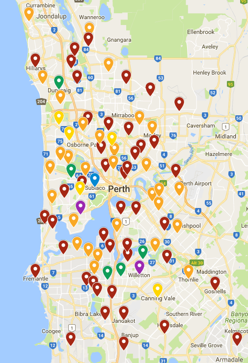Map, Perth Modern School, Student addresses, Map, Geographic spread